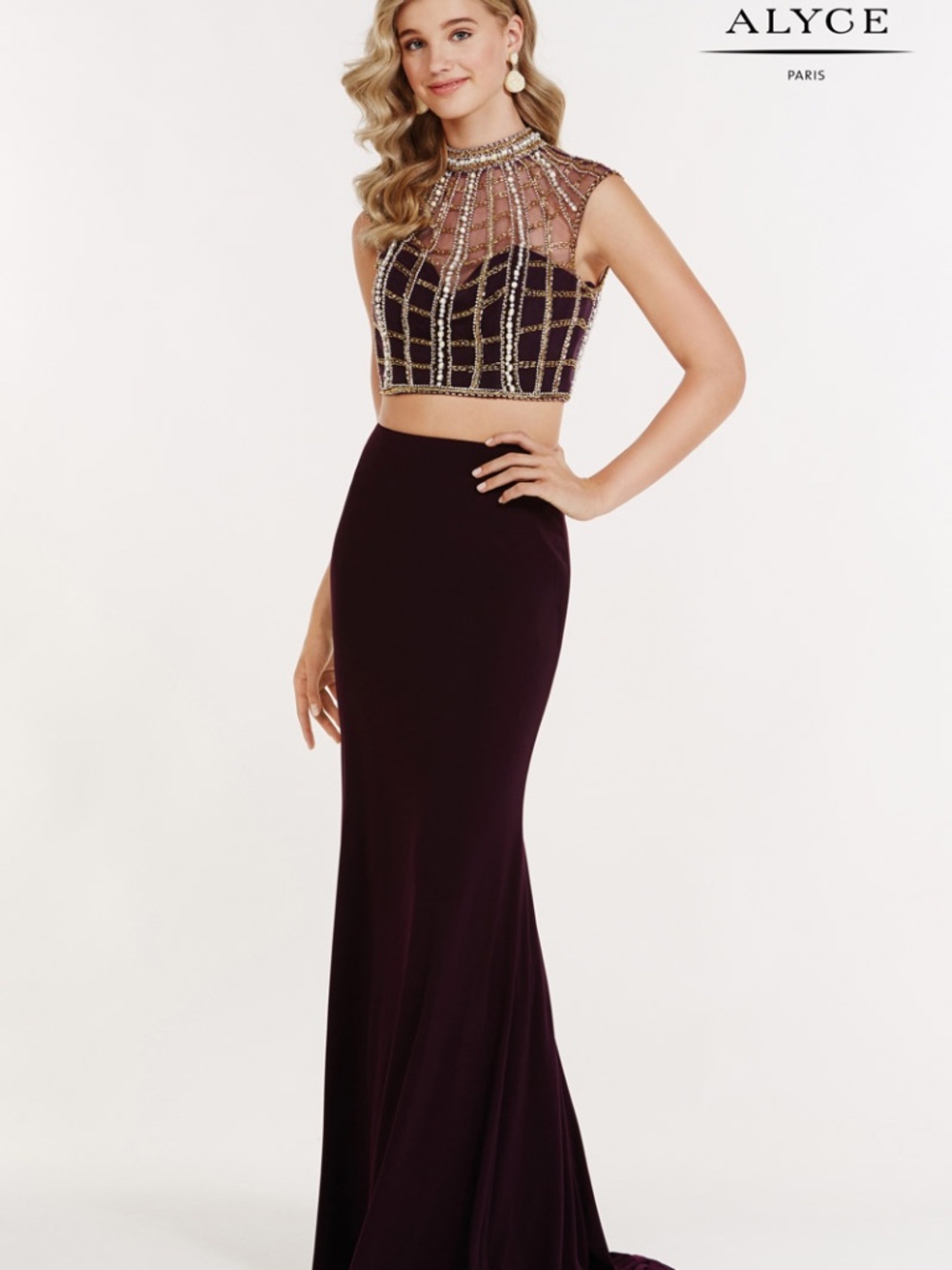 NWT ALYCE TWO PIECE BEADED GOWN BLACK PLUM SIZE 10